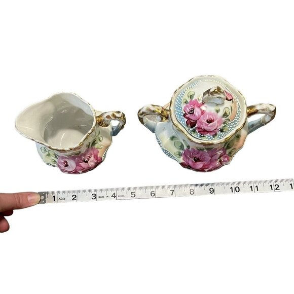 Antique Cabbage Rose with Bead Textured Design Small Creamer and Sugar Bowl - Picture 15 of 16